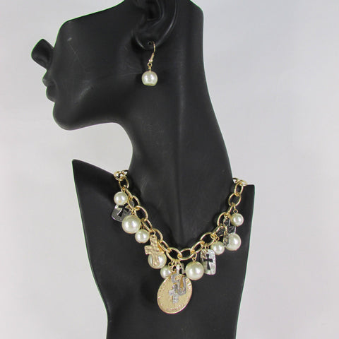 Gold Metal Chains Necklace Coin Cross Charms Imitation Pearls beads New Women Fashion - alwaystyle4you - 1