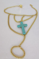 New Women Gold Metal Hand Chain Slave Ring Fashion Bracelet Turquoise Blue Cross - alwaystyle4you - 2