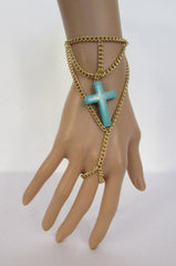 Women Gold Metal Hand Chain Slave Ring Fashion Bracelet Turquoise Blue Cross - alwaystyle4you - 1