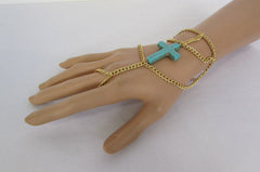 New Women Gold Metal Hand Chain Slave Ring Fashion Bracelet Turquoise Blue Cross - alwaystyle4you - 3