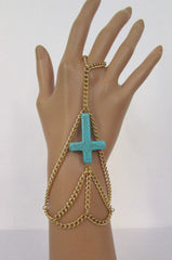 New Women Gold Metal Hand Chain Slave Ring Fashion Bracelet Turquoise Blue Cross - alwaystyle4you - 4