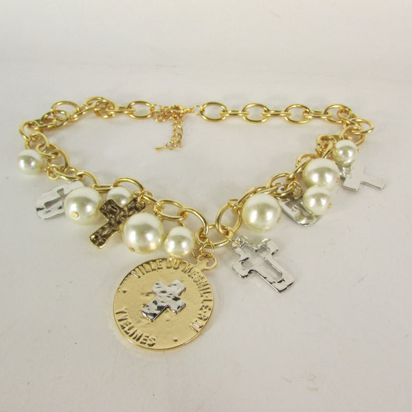 Gold Metal Chains Necklace Coin Cross Charms Imitation Pearls beads New Women Fashion - alwaystyle4you - 3
