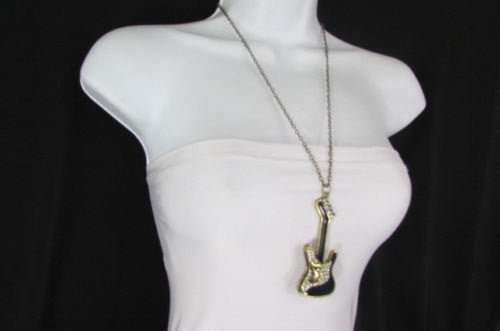 New Women Gold Metal Chains Music Black Electric Guitar Fashion Necklace Pendant - alwaystyle4you - 1