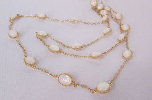 Extra Long Gold Chains Shiny Cream Beads Fashion Necklace + Earrings Set New Women 26" - alwaystyle4you - 3