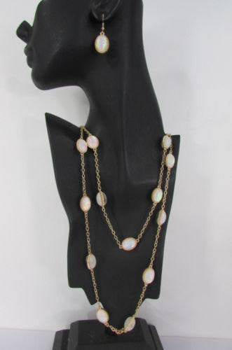 Extra Long Gold Chains Shiny Cream Beads Fashion Necklace + Earrings Set New Women 26" - alwaystyle4you - 4