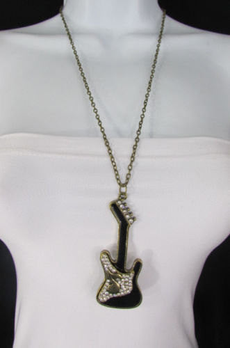 Women Gold Metal Chains Music Black Electric Guitar Fashion Necklace Pendant - alwaystyle4you - 3