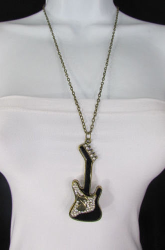 Gold Metal Chains Music Black Electric Guitar Pendant Necklace New Women Fashion Accessories