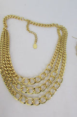 Gold Three Thick Chains Links Strands Necklace + Earrings Set New Women Trendy Fashion - alwaystyle4you - 3