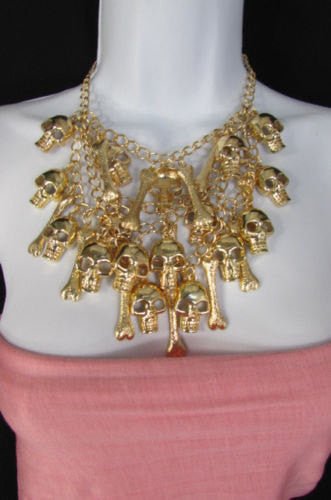 Gold Chains Skulls Strands Skeleton Bones Necklace + Earrings Set New Women Fashion - alwaystyle4you - 1