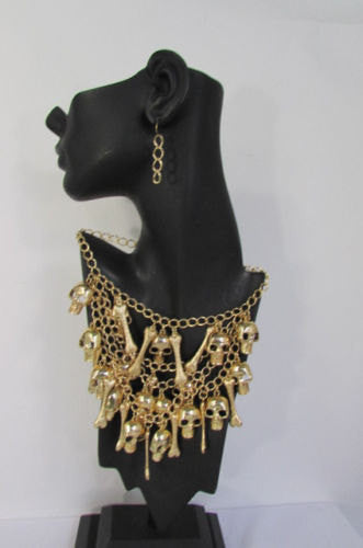 Gold Chains Skulls Strands Skeleton Bones Necklace + Earrings Set New Women Fashion - alwaystyle4you - 2
