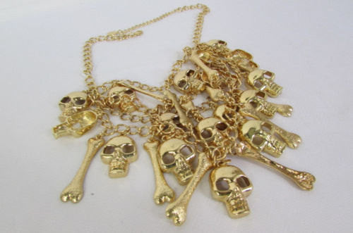 Gold Chains Skulls Strands Skeleton Bones Necklace + Earrings Set New Women Fashion - alwaystyle4you - 4