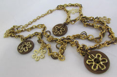 New Women Gold Metal Chains Flowers Fashion Necklace Round Brown Wood Charms - alwaystyle4you - 3
