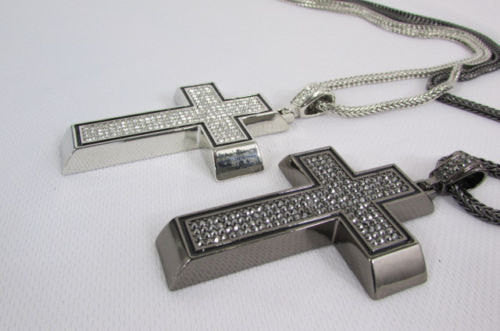 Pewter / Silver Metal Chains Long Necklace Boarded Cross Pendant New Men Hip Hop Fashion - alwaystyle4you - 3