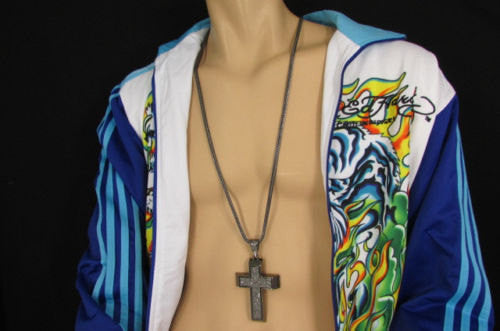 Pewter / Silver Metal Chains Long Necklace Boarded Cross Pendant New Men Hip Hop Fashion - alwaystyle4you - 5