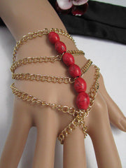 New Women Gold Fashion Bracelet Multi Strands Sky Blue & Red Beads Salve Chain Chunky Style - alwaystyle4you - 3