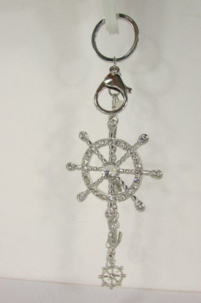 Silver Metal Key Chain Wallet Charm Nautical Sea Anchore Big Ship Wheel  New Women Men Fashion Jewelry Rhinestones Charm - alwaystyle4you - 4