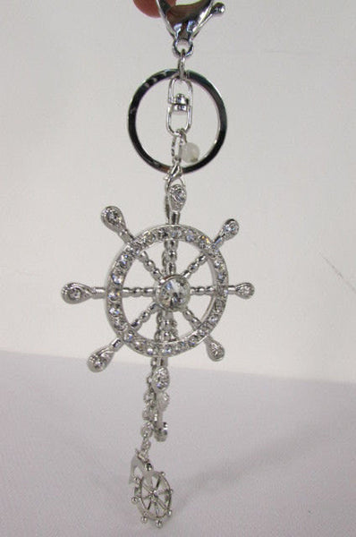 Silver Metal Key Chain Wallet Charm Nautical Sea Anchore Big Ship Wheel  New Women Men Fashion Jewelry Rhinestones Charm - alwaystyle4you - 12