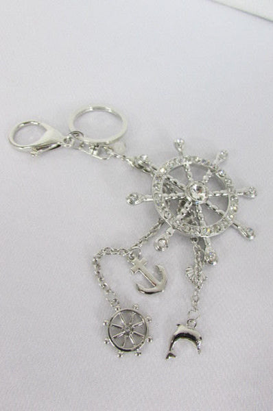 Silver Metal Key Chain Wallet Charm Nautical Sea Anchore Big Ship Wheel  New Women Men Fashion Jewelry Rhinestones Charm - alwaystyle4you - 6