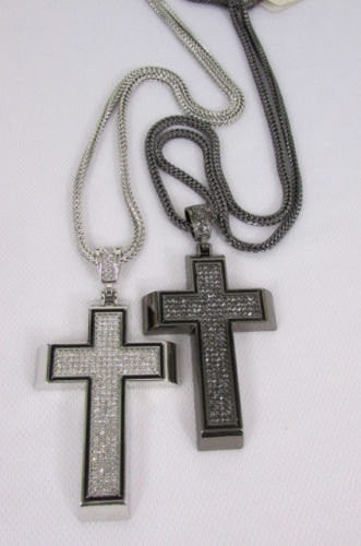 Pewter / Silver Metal Chains Long Necklace Boarded Cross Pendant New Men Hip Hop Fashion - alwaystyle4you - 2