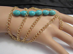 New Women Gold Fashion Bracelet Multi Strands Sky Blue & Red Beads Salve Chain Chunky Style - alwaystyle4you - 2