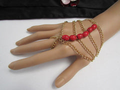 New Women Gold Fashion Bracelet Multi Strands Sky Blue & Red Beads Salve Chain Chunky Style - alwaystyle4you - 4