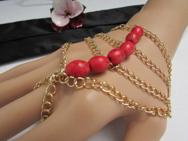 Women Gold Fashion Bracelet Multi Strands Sky Blue & Red Beads Salve Chain Chunky Style - alwaystyle4you - 1