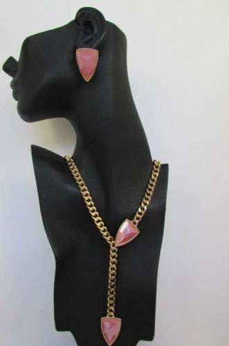 Gold Metal Chains 16" Long Big Pink Beads Necklace + Earrings Set Women Fashion - alwaystyle4you - 1