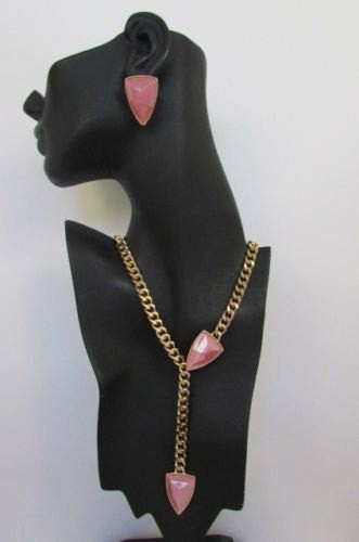 Gold Metal Chains 16" Long Big Pink Beads Necklace + Earrings Set New Women Fashion - alwaystyle4you - 4