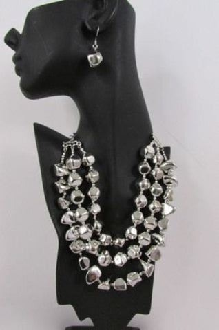 Long Shiny Silver Plastic Beads 3 Strands Fashion Necklace + Earring Set New Women - alwaystyle4you - 2