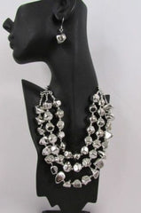 Long Shiny Silver Plastic Beads 3 Strands Fashion Necklace + Earring Set Women - alwaystyle4you - 2