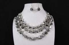 Long Shiny Silver Plastic Beads 3 Strands Fashion Necklace + Earring Set New Women - alwaystyle4you - 3