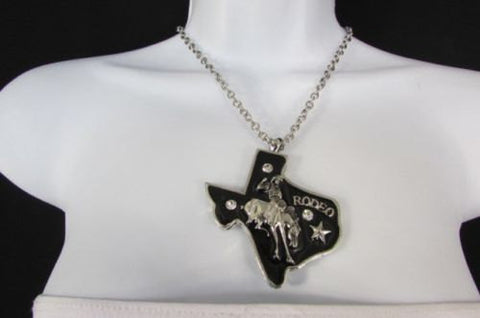 Long Silver Chains Big Black Texas Rodeo Horse Pendant Necklace + Earrings Set New Women - alwaystyle4you - 1