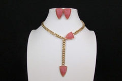 Gold Metal Chains 16" Long Big Pink Beads Necklace + Earrings Set New Women Fashion - alwaystyle4you - 3