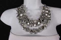 Long Shiny Silver Plastic Beads 3 Strands Fashion Necklace + Earring Set New Women - alwaystyle4you - 1