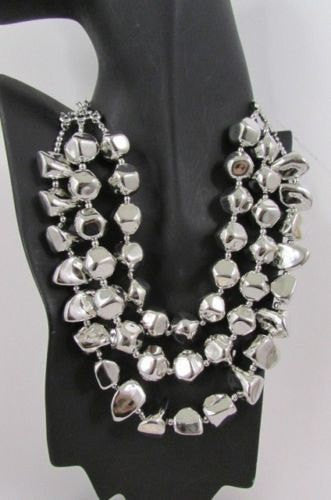 Long Shiny Silver Plastic Beads 3 Strands Fashion Necklace + Earring Set New Women - alwaystyle4you - 4