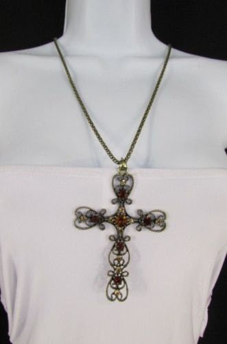 Gold Metal 24" Long Chain Classic Cross Pendant Rhinestones Necklace New Women Fashion Accessories