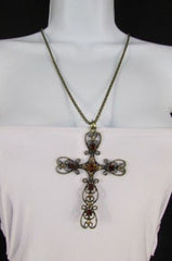 New Women 24" Long Gold Metal Chain Necklace Classic Cross Pendant Rhinestones - alwaystyle4you - 2