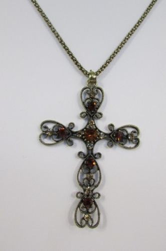 New Women 24" Long Gold Metal Chain Necklace Classic Cross Pendant Rhinestones - alwaystyle4you - 5
