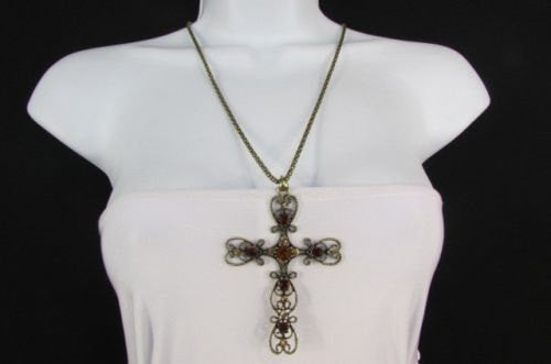 Women 24" Long Gold Metal Chain Necklace Classic Cross Pendant Rhinestones - alwaystyle4you - 1