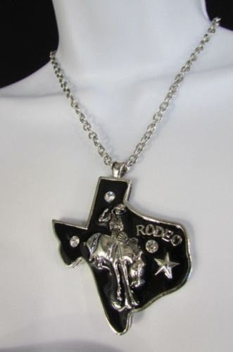 Long Silver Chains Big Black Texas Rodeo Horse Pendant Necklace + Earrings Set New Women - alwaystyle4you - 3