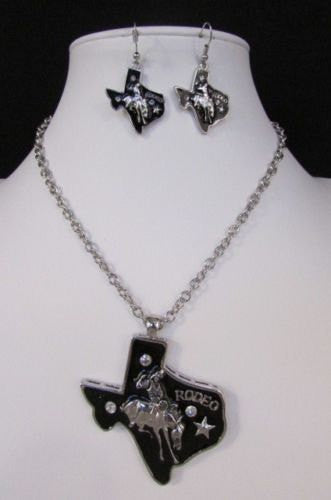 Long Silver Chains Big Black Texas Rodeo Horse Pendant Necklace + Earrings Set New Women - alwaystyle4you - 5