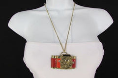 Old Fashion Collector Camera Red Orange Long Rusty Gold Women Necklace - alwaystyle4you - 1