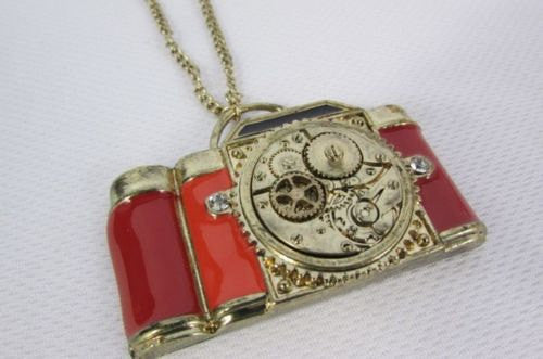Old Fashion Collector Camera Red Orange Long Rusty Gold New Women Necklace - alwaystyle4you - 4