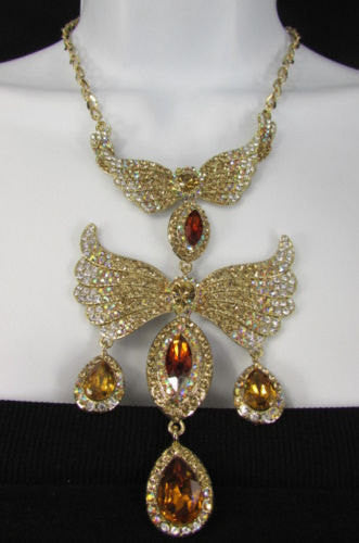 Metal Flying Wings Gold Silver Rhinestones Necklace + Earrings set New Women Fashion - alwaystyle4you - 5