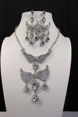 Metal Flying Wings Gold Silver Rhinestones Necklace + Earrings set New Women Fashion - alwaystyle4you - 3