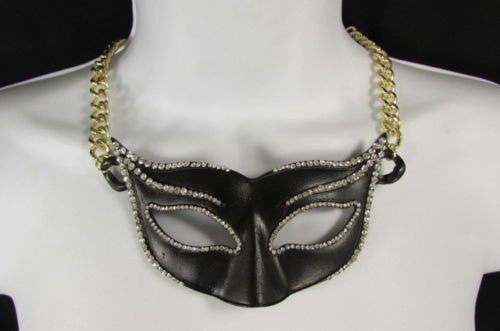 Women Gold Metal Chain Black Venetian Face Mask Fashion Necklace Big Pendant - alwaystyle4you - 1