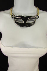 New Women Gold Metal Chain Black Venetian Face Mask Fashion Necklace Big Pendant - alwaystyle4you - 3