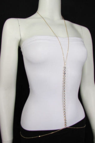 New Women Gold Multi Rhinestones Metal Body Chain Long Necklace Fashion Jewelry - alwaystyle4you - 1