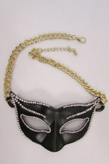 New Women Gold Metal Chain Black Venetian Face Mask Fashion Necklace Big Pendant - alwaystyle4you - 4
