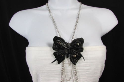 New Women Silver Metal Body Chain Fashion Jewelry Faux Leather Black Butterfly Center Long Necklace - alwaystyle4you - 4